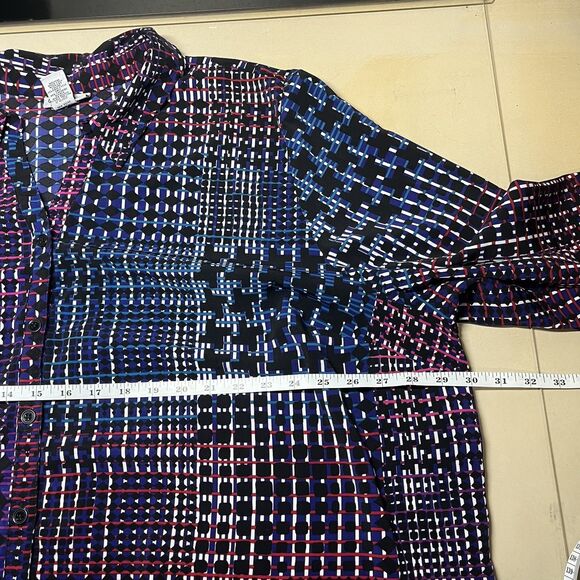 Catherines Womens Dark Geometric Button Up Top Size 3X 3/4 Sleeve Stretch Office - Picture 10 of 11